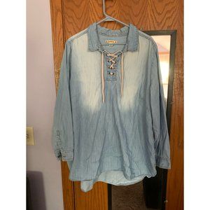 Ruff Hewn Lace Up Neck Denim Chambray Tunic Blouse